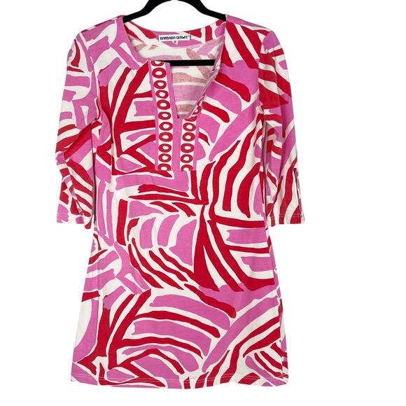 Barbara Gerwit Small Pink Red White Abstract Print Shift Dress 3/4 Sleeves VNeck - Picture 1 of 6